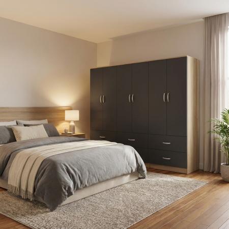 Шестокрилен гардероб с чекмеджета Athos  sonoma-antracit 240x42x180см